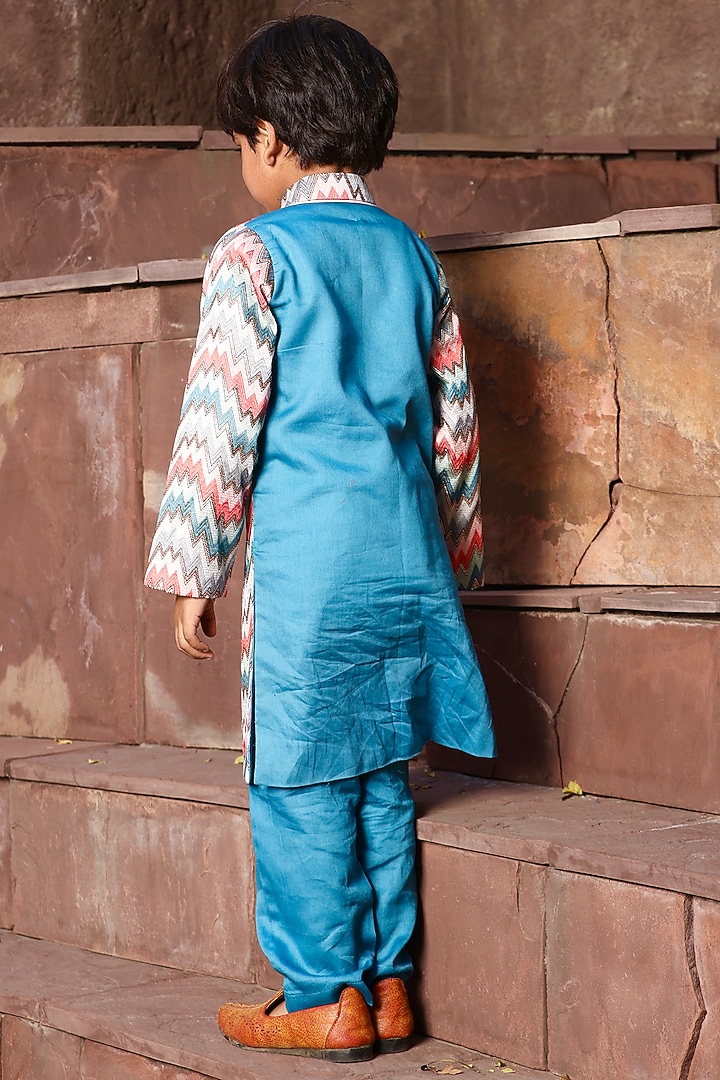 Multi-Colored Dupion Embroidered Kurta Set For Boys by Fayon Kids at Pernia's Pop Up Shop