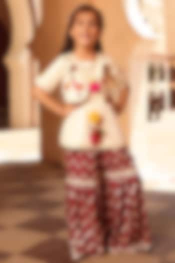 Marron Glace Cotton Bandhej Chevron Sharara Set For Girls by Fayon Kids at Pernia's Pop Up Shop