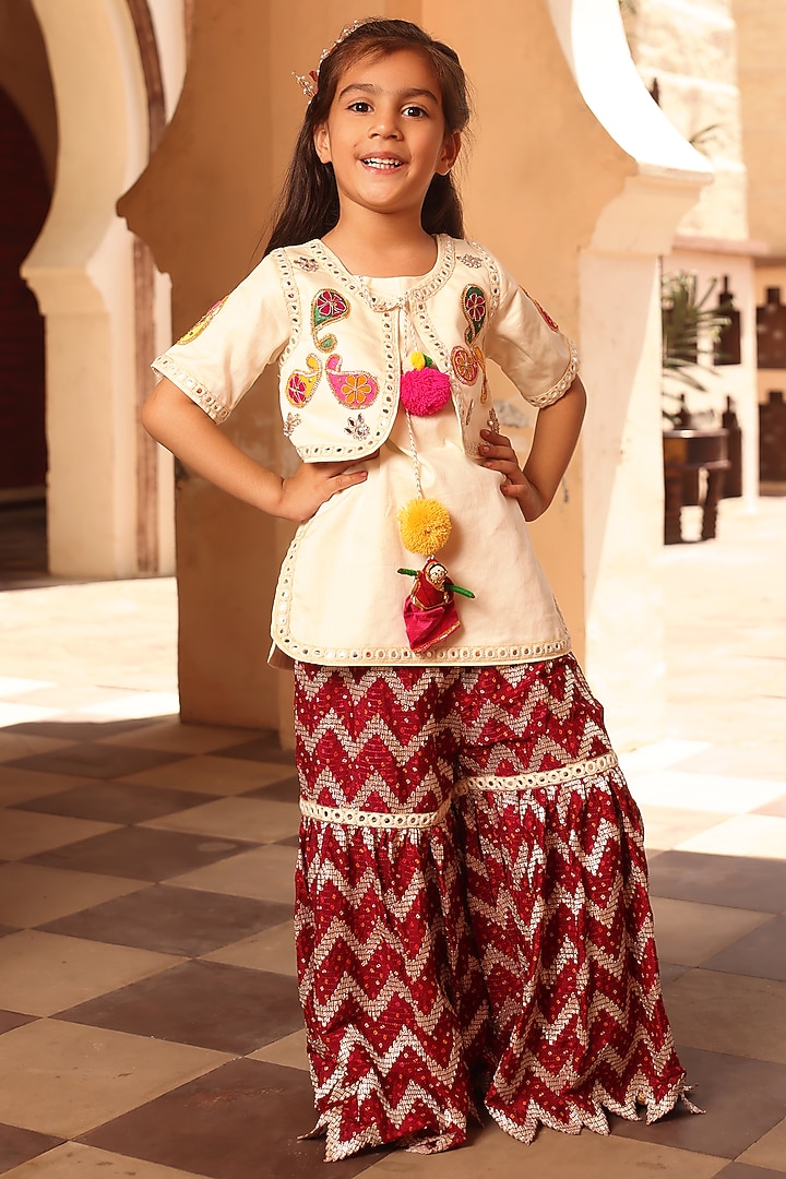 Marron Glace Cotton Bandhej Chevron Sharara Set For Girls by Fayon Kids at Pernia's Pop Up Shop