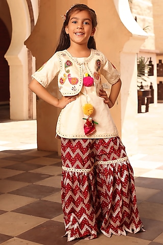 Marron Glace Cotton Bandhej Chevron Sharara Set For Girls by Fayon Kids