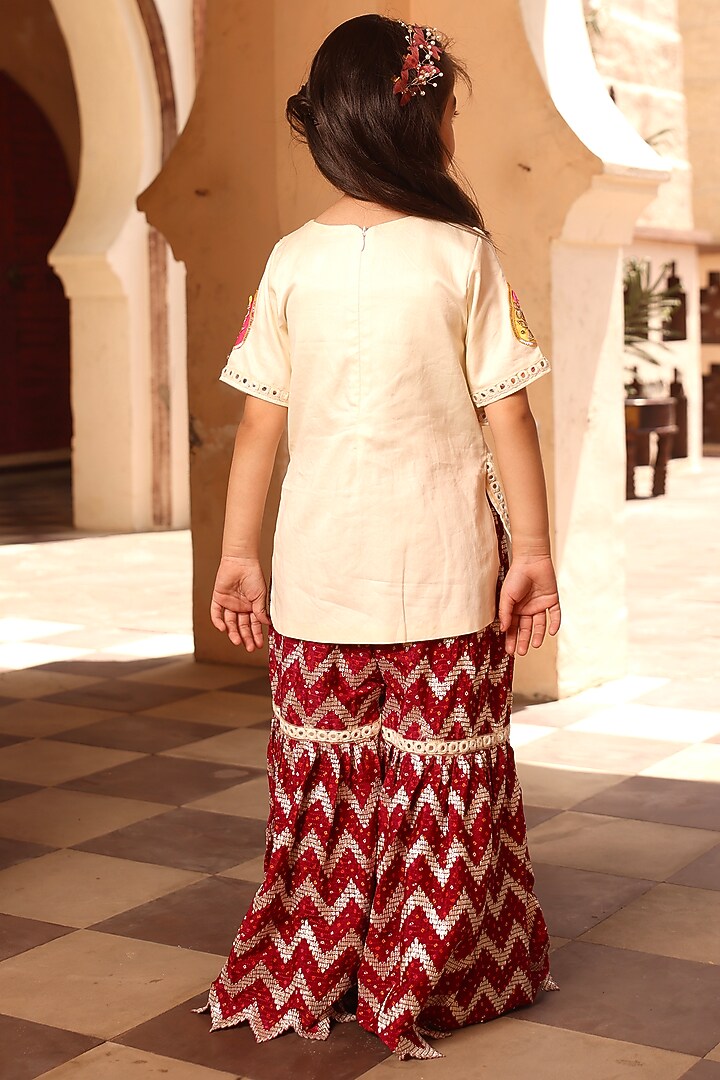 Marron Glace Cotton Bandhej Chevron Sharara Set For Girls by Fayon Kids at Pernia's Pop Up Shop