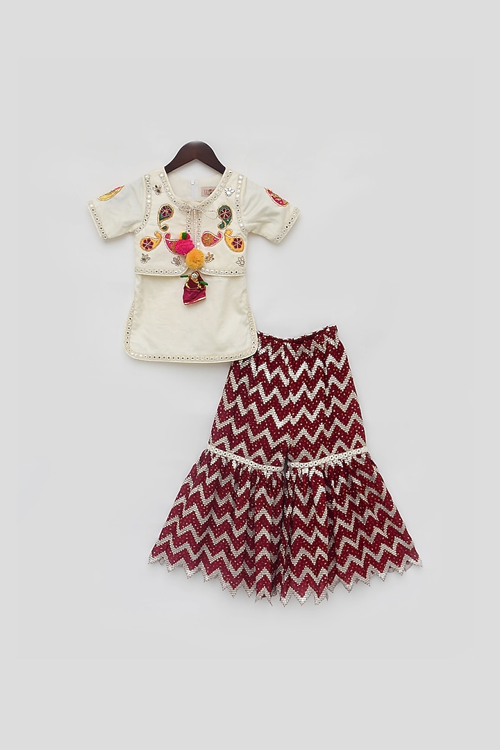 Marron Glace Cotton Bandhej Chevron Sharara Set For Girls by Fayon Kids at Pernia's Pop Up Shop