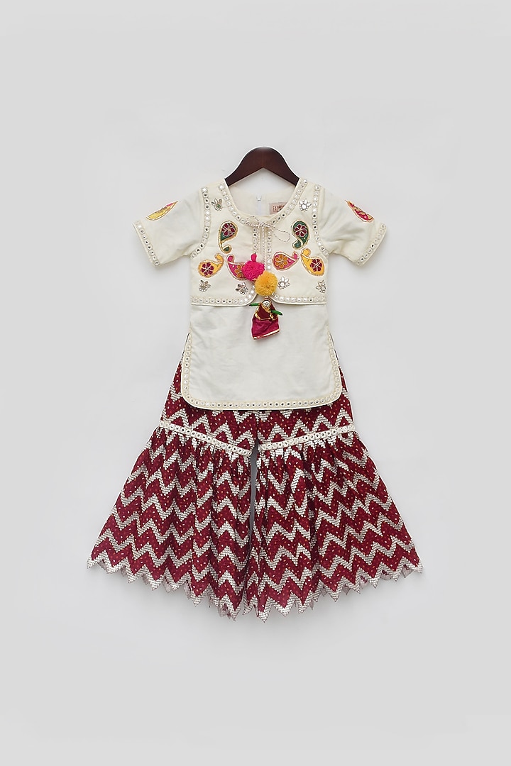 Marron Glace Cotton Bandhej Chevron Sharara Set For Girls by Fayon Kids at Pernia's Pop Up Shop