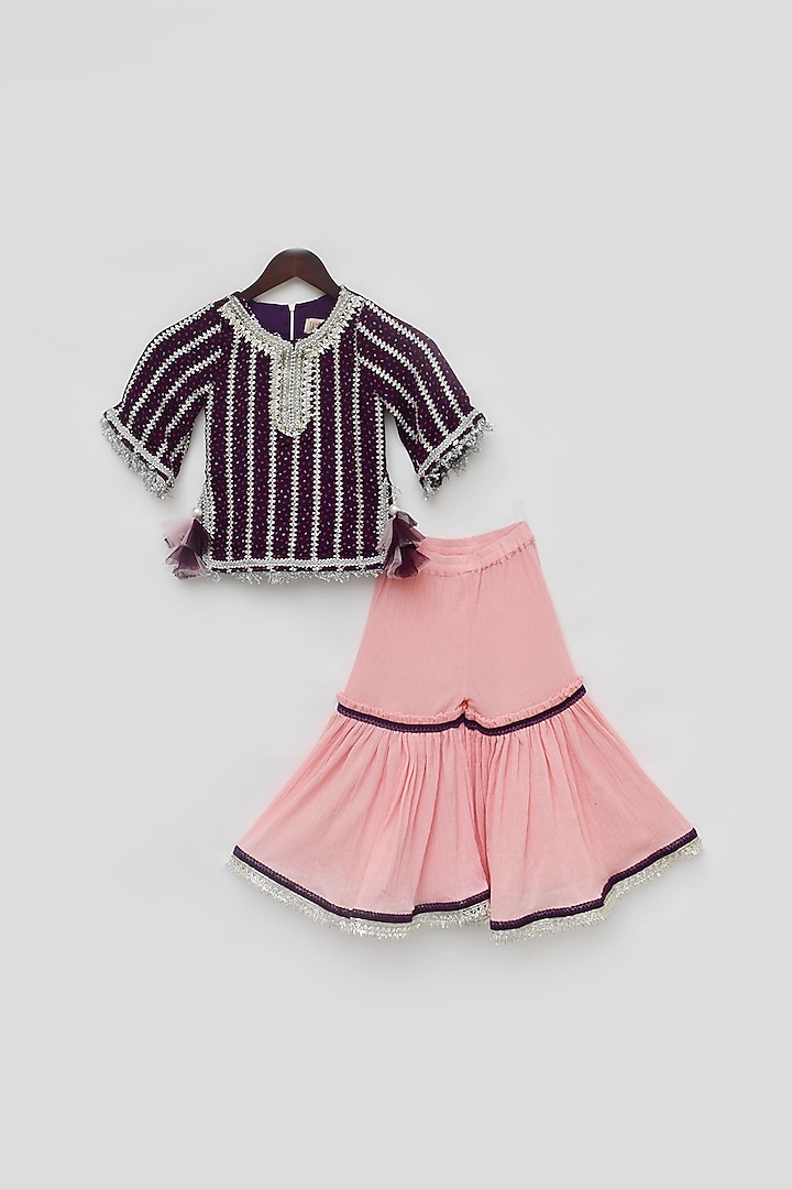 Peach Cotton Crinkle Sharara Set For Girls by Fayon Kids at Pernia's Pop Up Shop