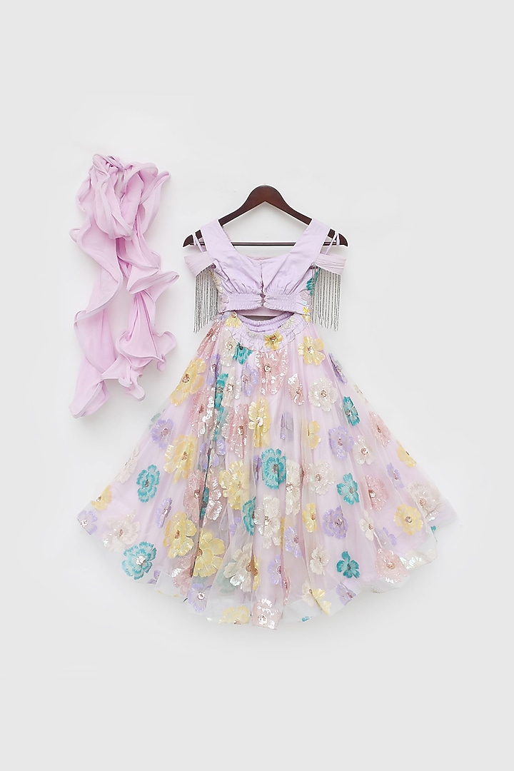 Lilac Net Embroidered Lehenga Set For Girls by Fayon Kids at Pernia's Pop Up Shop