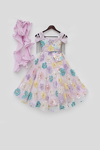 Lilac Net Embroidered Lehenga Set For Girls by Fayon Kids