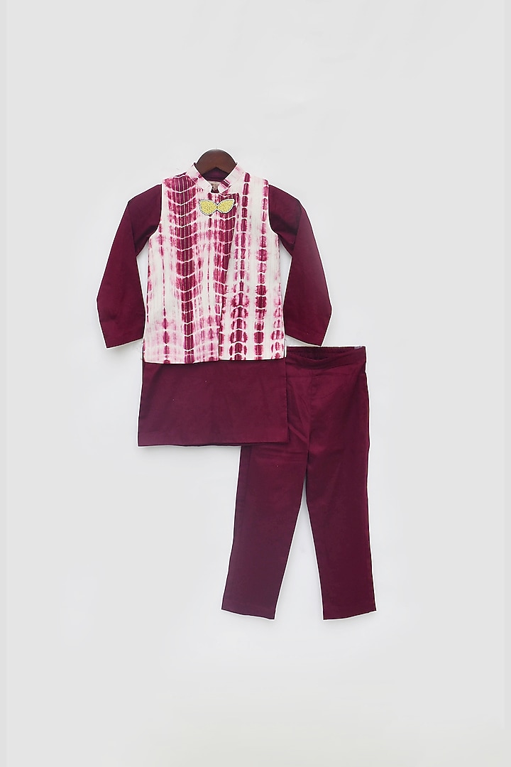 Marron Glace Cotton & Cotton Tie-Dyed Nehru Jacket With Kurta Set For Boys by Fayon Kids at Pernia's Pop Up Shop
