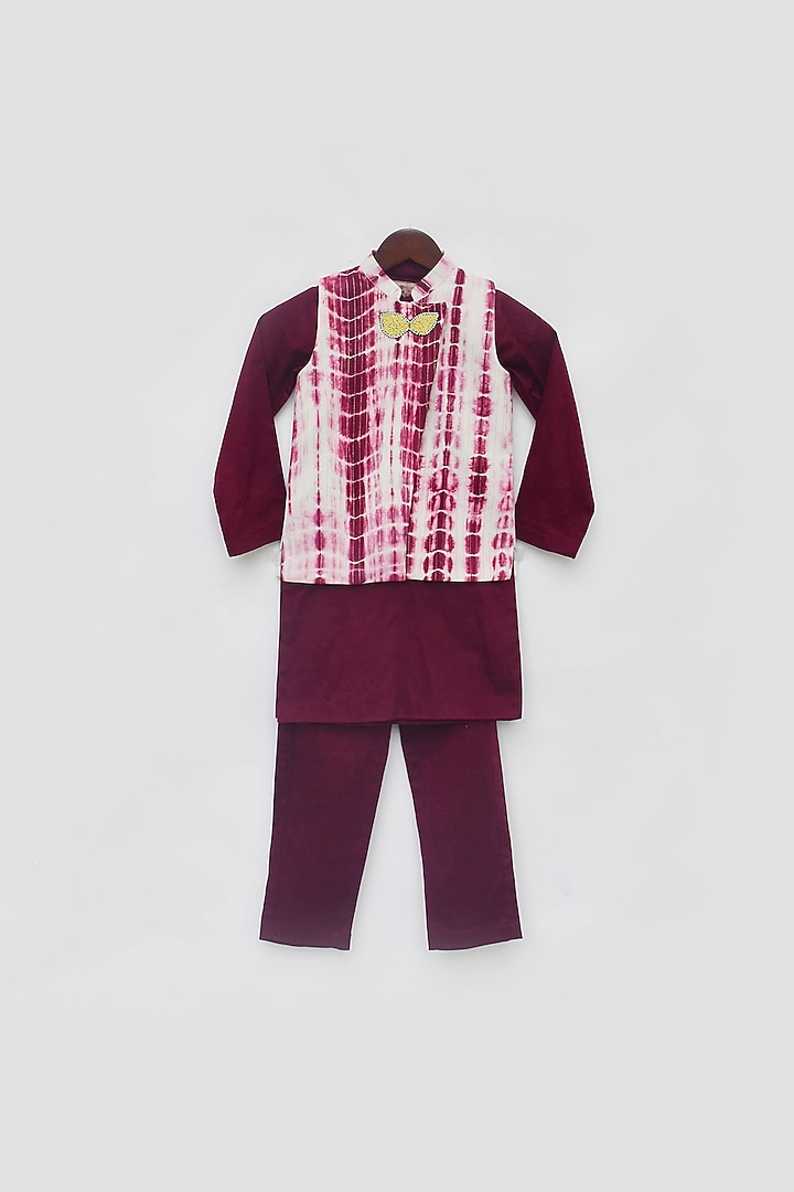 Marron Glace Cotton & Cotton Tie-Dyed Nehru Jacket With Kurta Set For Boys by Fayon Kids at Pernia's Pop Up Shop