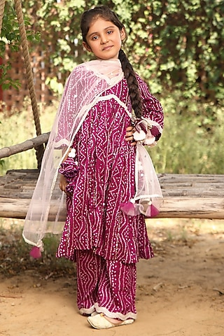 Purple Cotton Bandhej Printed Kurta Set For Girls by Fayon Kids