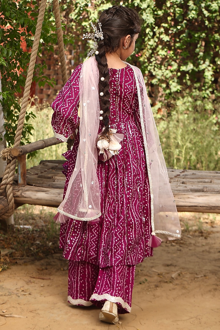 Purple Cotton Bandhej Printed Kurta Set For Girls by Fayon Kids at Pernia's Pop Up Shop