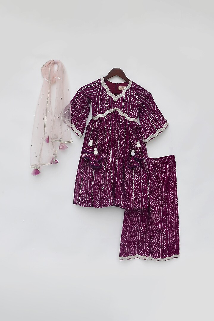 Purple Cotton Bandhej Printed Kurta Set For Girls by Fayon Kids at Pernia's Pop Up Shop