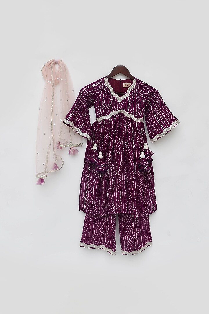 Purple Cotton Bandhej Printed Kurta Set For Girls by Fayon Kids at Pernia's Pop Up Shop