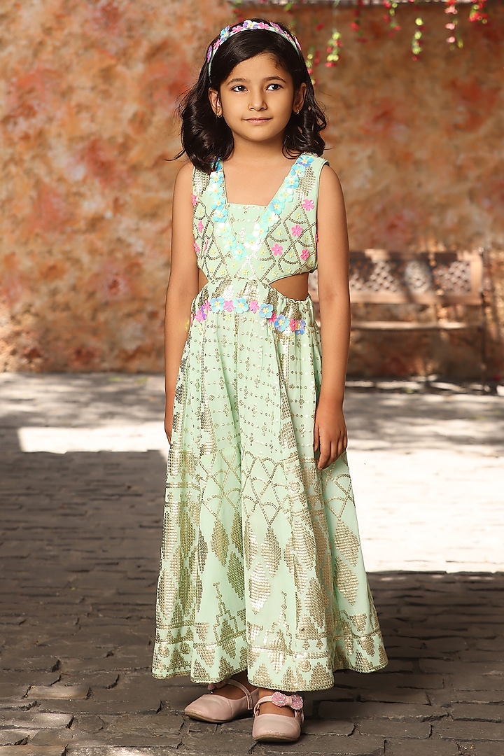 Sea Green Sequins Embroidered Jumpsuit For Girls by Fayon Kids