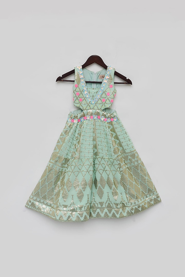 Sea Green Sequins Embroidered Jumpsuit For Girls by Fayon Kids at Pernia's Pop Up Shop
