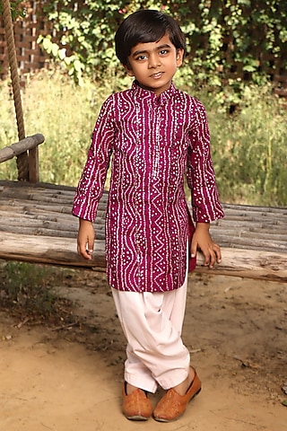 Purple Cotton Bandhej Printed Kurta Set For Boys by Fayon Kids