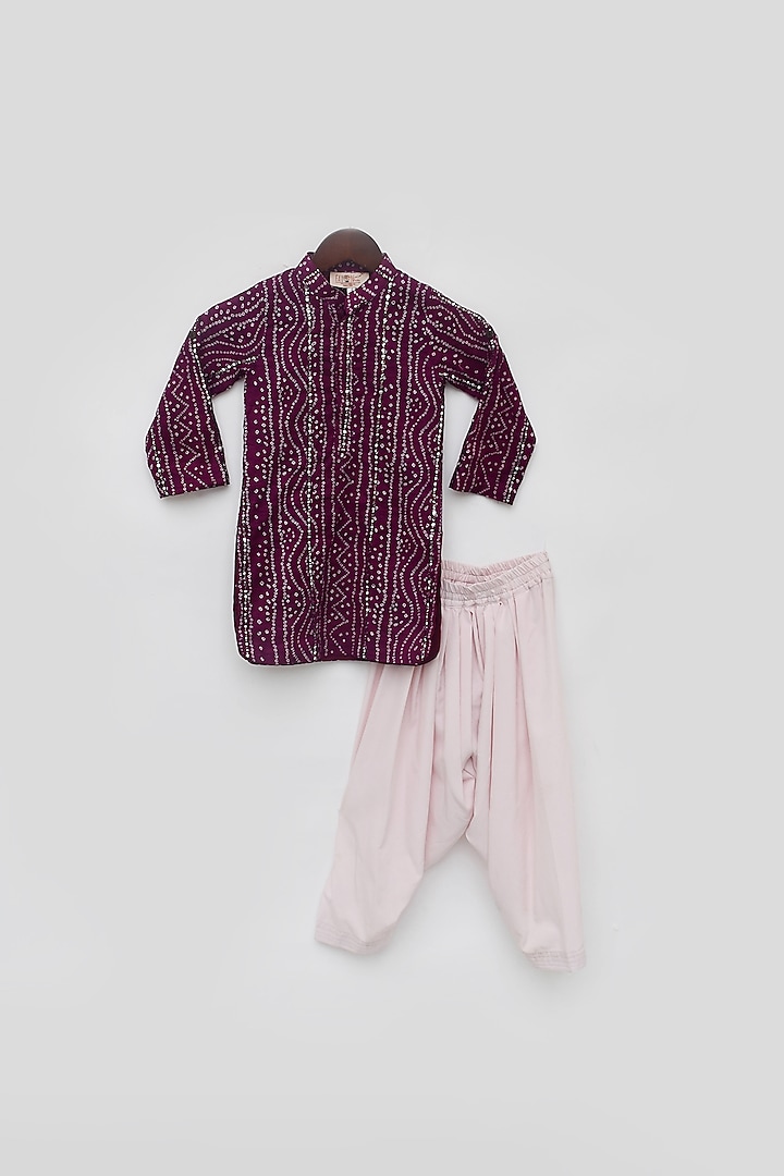 Purple Cotton Bandhej Printed Kurta Set For Boys by Fayon Kids at Pernia's Pop Up Shop