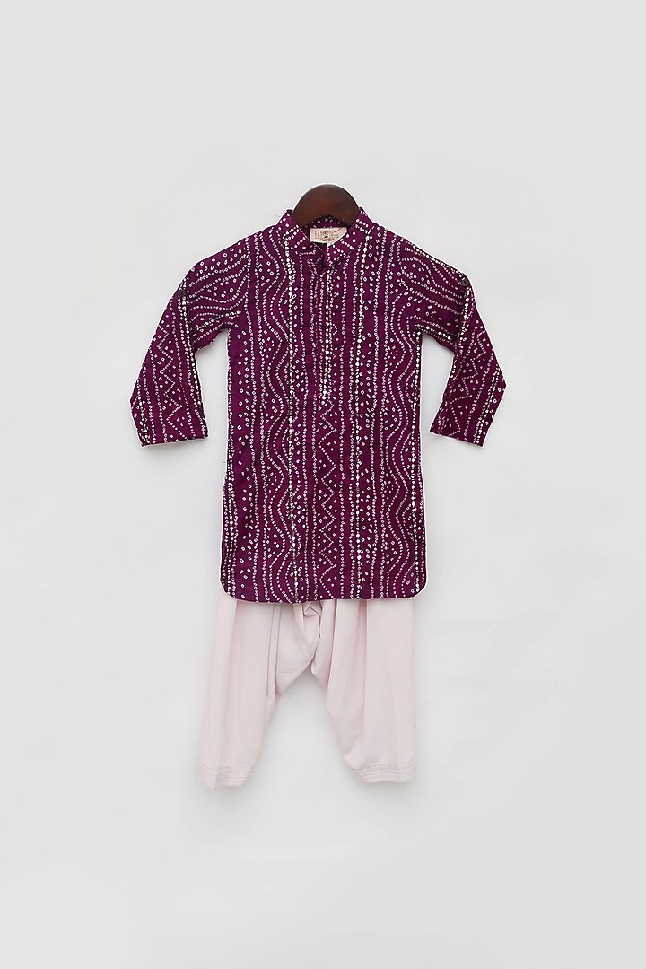Purple Cotton Bandhej Printed Kurta Set For Boys by Fayon Kids at Pernia's Pop Up Shop
