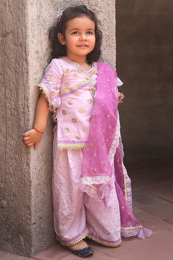 Lilac Cotton Printed & Embroidered Sharara Set For Girls by Fayon Kids at Pernia's Pop Up Shop