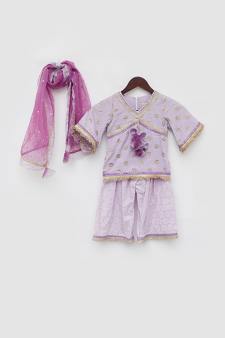Lilac Cotton Printed & Embroidered Sharara Set For Girls by Fayon Kids at Pernia's Pop Up Shop