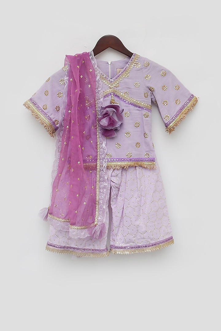 Lilac Cotton Printed & Embroidered Sharara Set For Girls by Fayon Kids at Pernia's Pop Up Shop