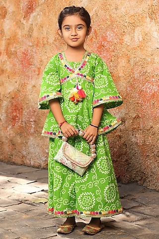 Green Cotton Bandhej Printed Sharara Set For Girls by Fayon Kids