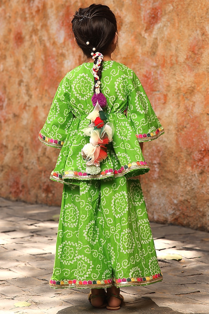 Green Cotton Bandhej Printed Sharara Set For Girls by Fayon Kids at Pernia's Pop Up Shop