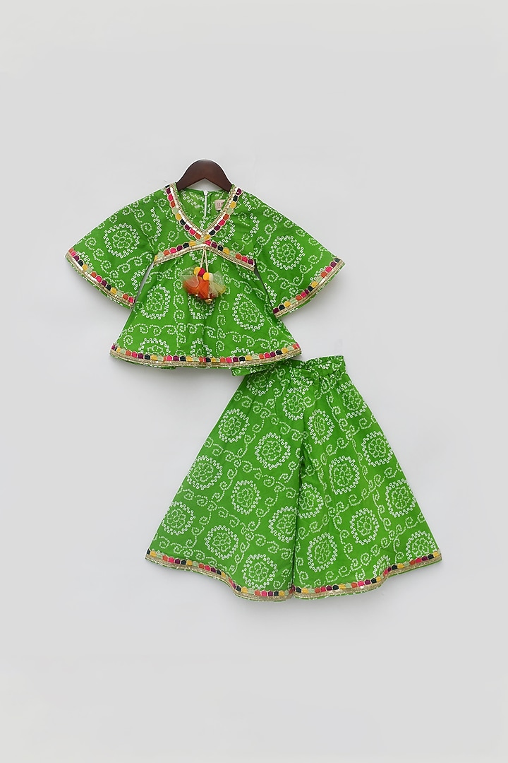 Green Cotton Bandhej Printed Sharara Set For Girls by Fayon Kids at Pernia's Pop Up Shop