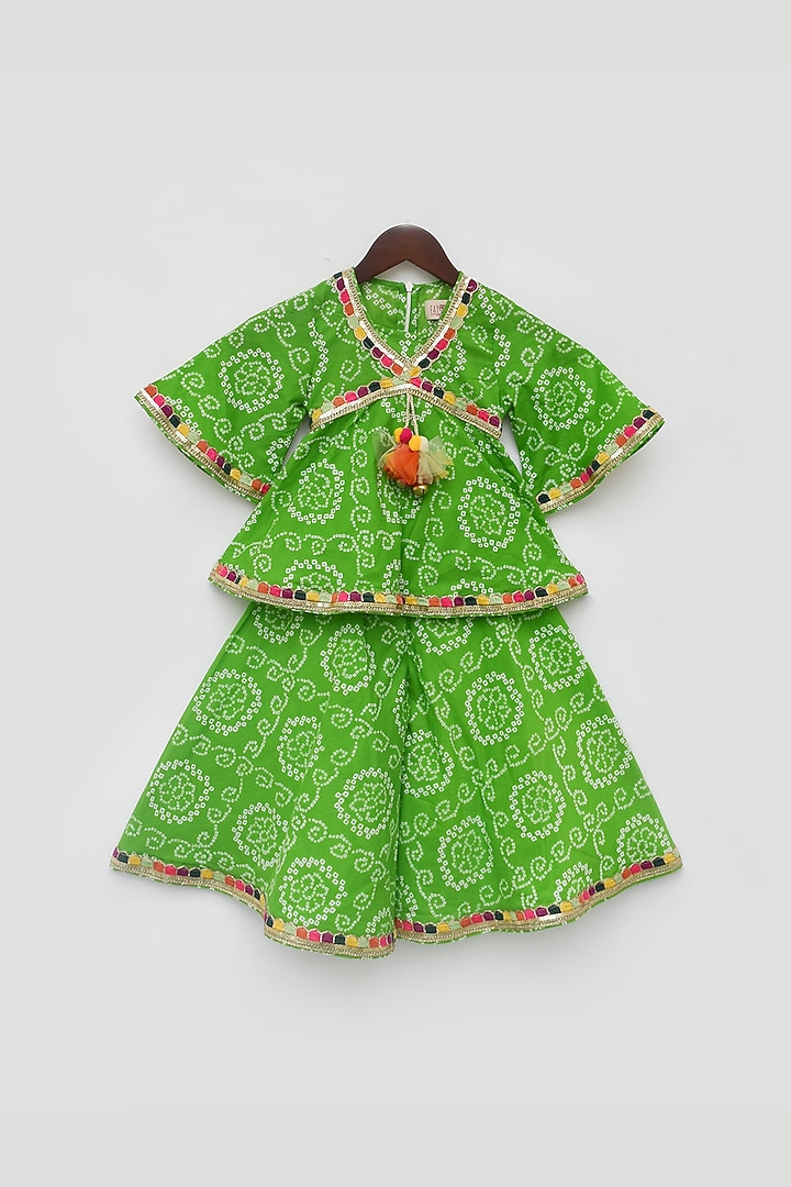 Green Cotton Bandhej Printed Sharara Set For Girls by Fayon Kids at Pernia's Pop Up Shop