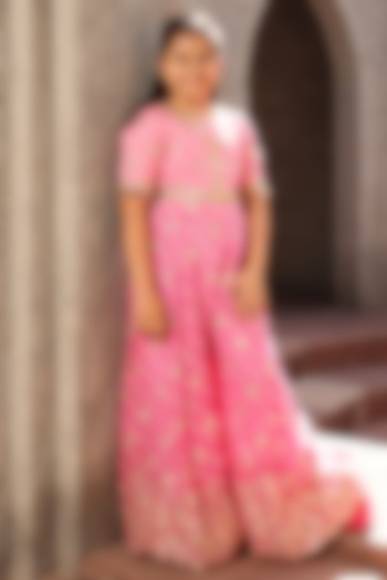 Pink Georgette Bandhej Printed Jumpsuit For Girls by Fayon Kids