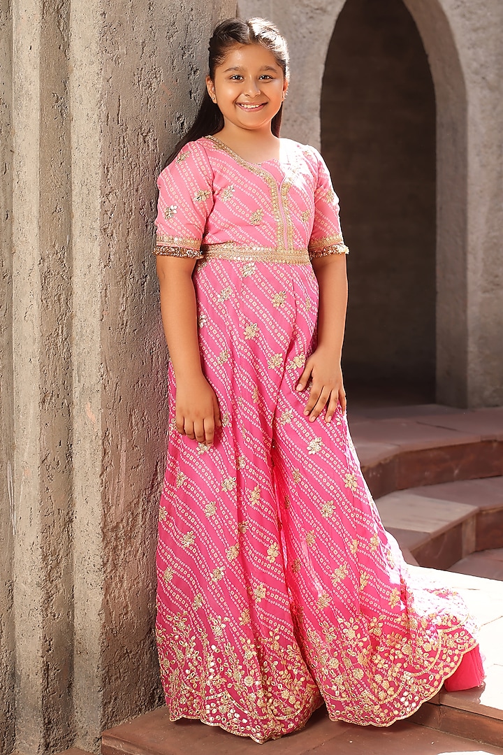 Pink Georgette Bandhej Printed Jumpsuit For Girls by Fayon Kids