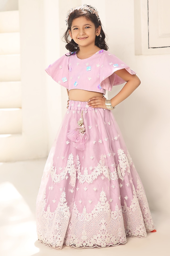 Lilac Net Embroidered Lehenga Set For Girls by Fayon Kids at Pernia's Pop Up Shop