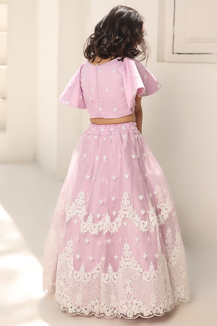 Lilac Net Embroidered Lehenga Set For Girls by Fayon Kids at Pernia's Pop Up Shop