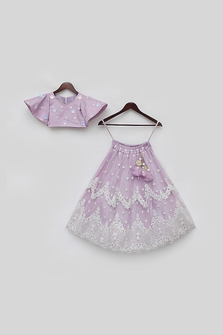 Lilac Net Embroidered Lehenga Set For Girls by Fayon Kids at Pernia's Pop Up Shop