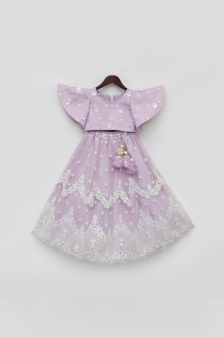 Lilac Net Embroidered Lehenga Set For Girls by Fayon Kids at Pernia's Pop Up Shop