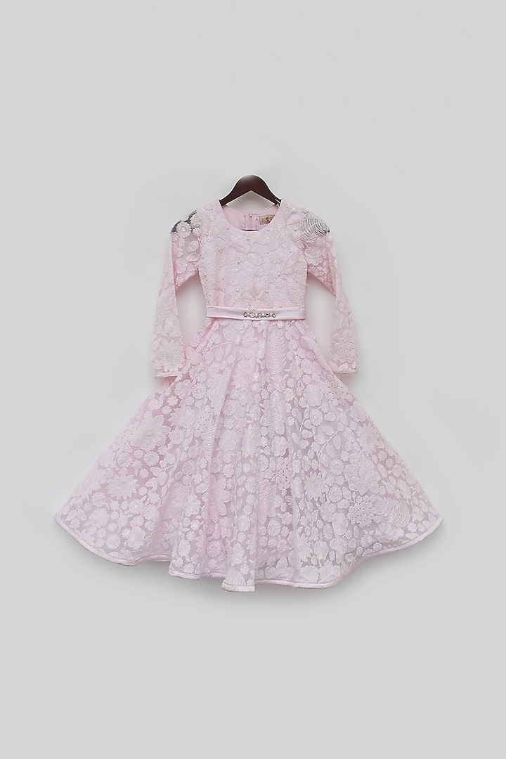 Baby Pink Organza Embroidered Gown For Girls by Fayon Kids at Pernia's Pop Up Shop