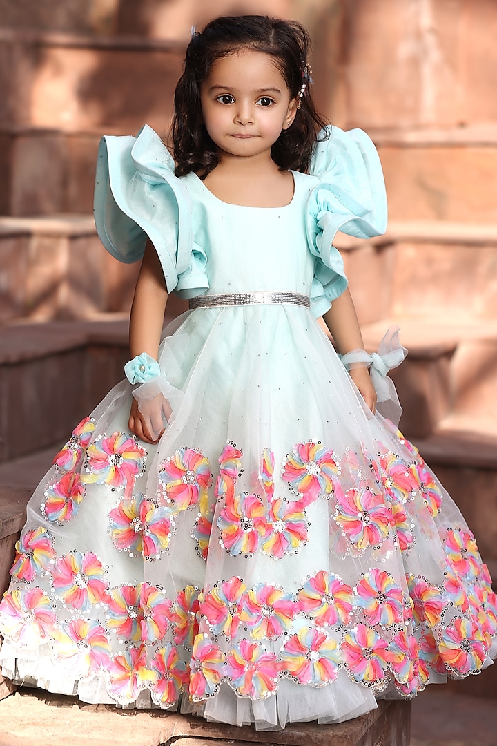 Aqua Blue Organza Embroidered Gown For Girls by Fayon Kids at Pernia's Pop Up Shop