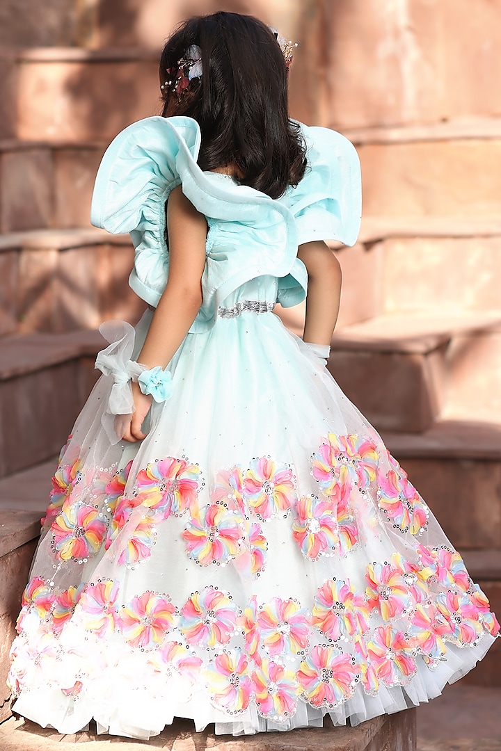 Aqua Blue Organza Embroidered Gown For Girls by Fayon Kids at Pernia's Pop Up Shop
