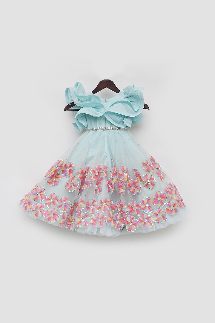 Aqua Blue Organza Embroidered Gown For Girls by Fayon Kids at Pernia's Pop Up Shop