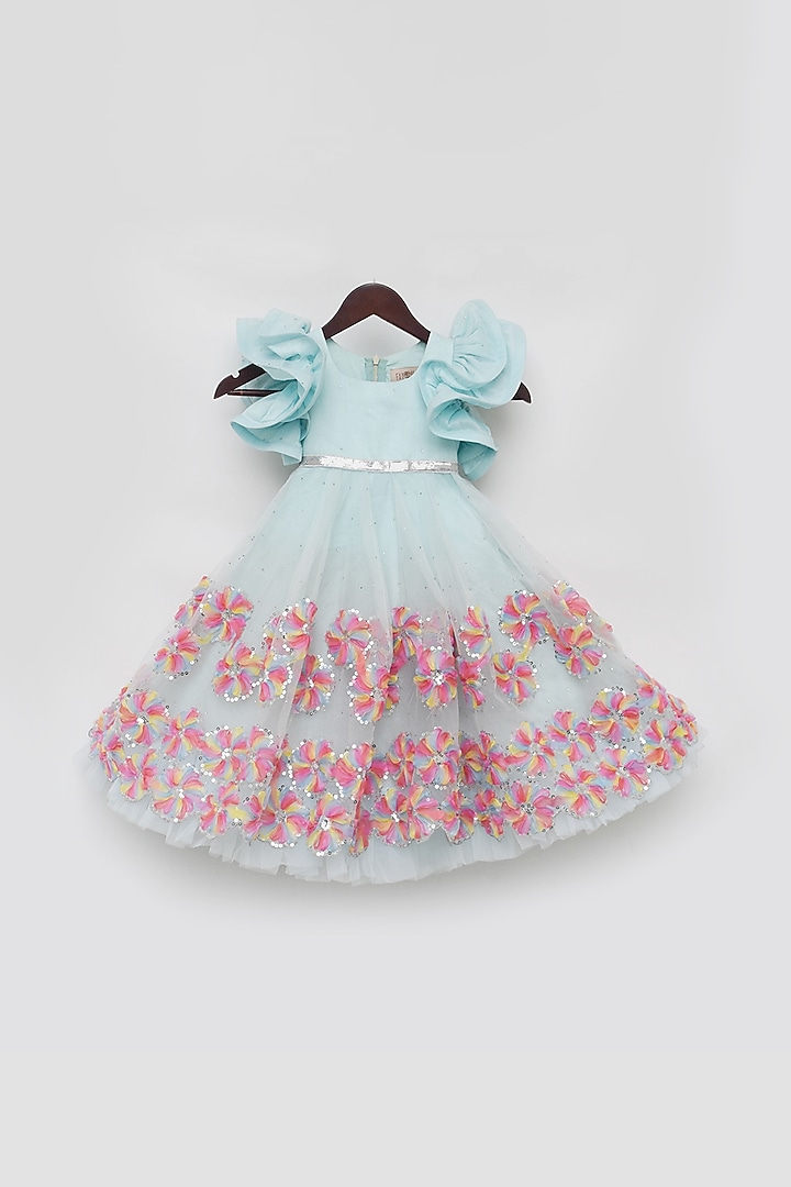 Aqua Blue Organza Embroidered Gown For Girls by Fayon Kids at Pernia's Pop Up Shop