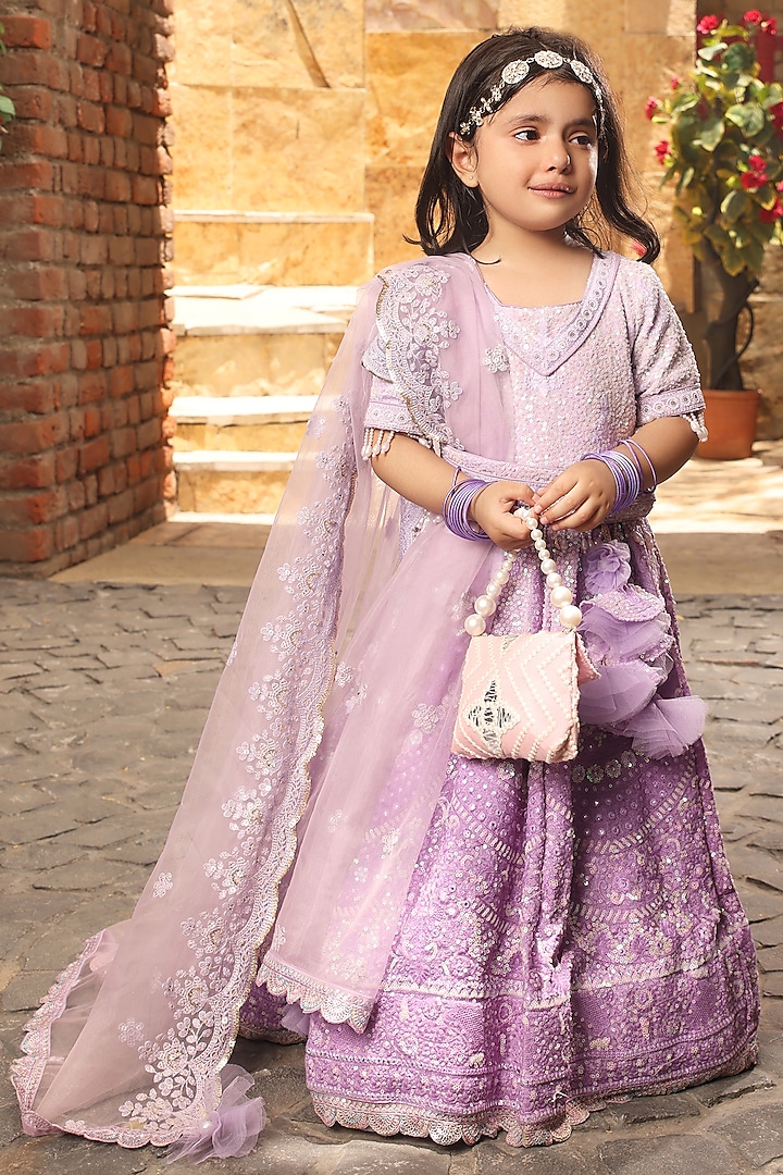 Purple Lucknowi Embroidered Lehenga Set For Girls by Fayon Kids