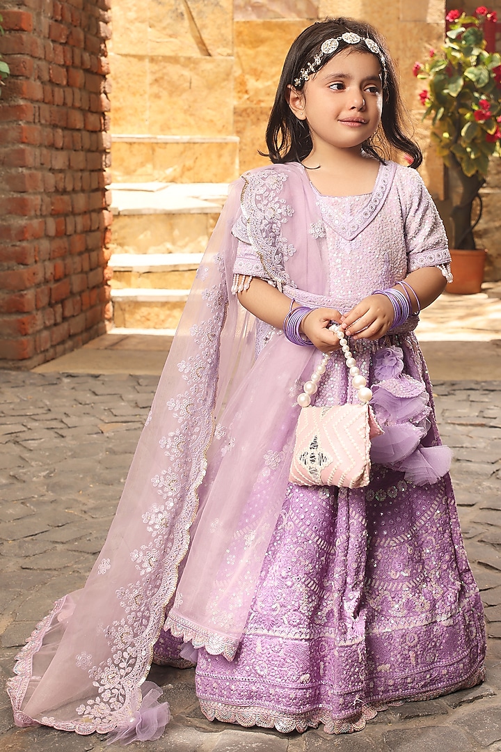 Purple Lucknowi Embroidered Lehenga Set For Girls by Fayon Kids at Pernia's Pop Up Shop