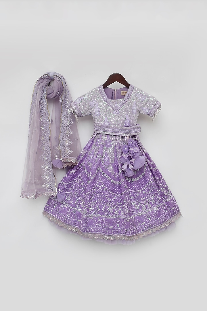 Purple Lucknowi Embroidered Lehenga Set For Girls by Fayon Kids at Pernia's Pop Up Shop