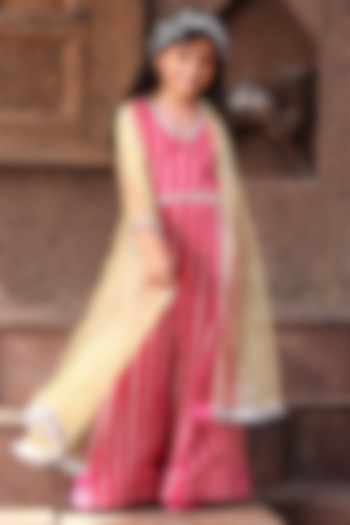 Pink Silk & Net Bandhej Printed Jumpsuit With Cape For Girls by Fayon Kids at Pernia's Pop Up Shop