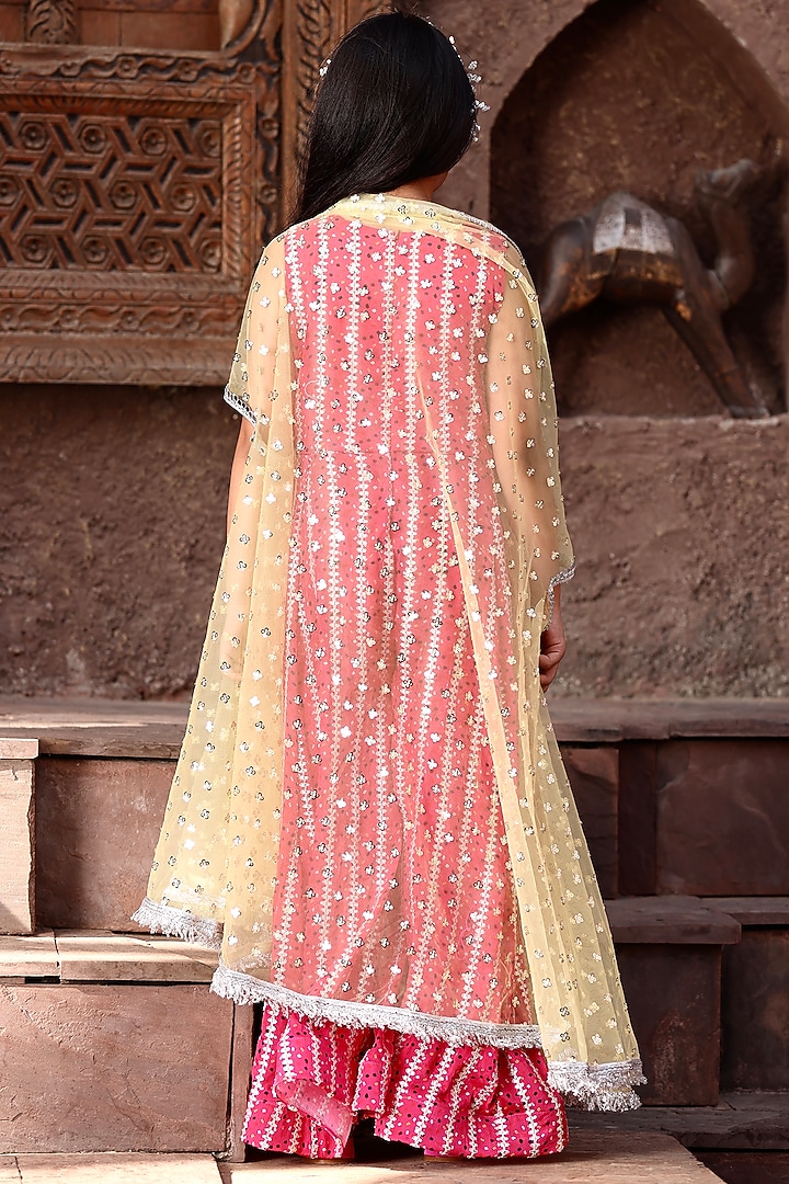 Pink Silk & Net Bandhej Printed Jumpsuit With Cape For Girls by Fayon Kids at Pernia's Pop Up Shop