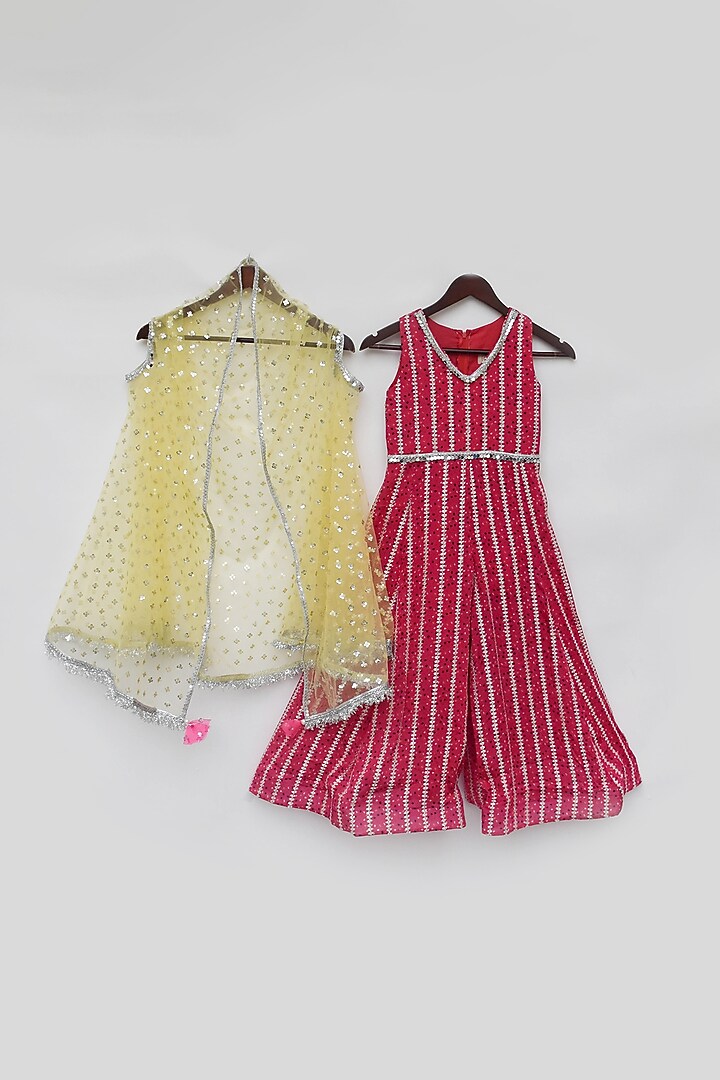 Pink Silk & Net Bandhej Printed Jumpsuit With Cape For Girls by Fayon Kids at Pernia's Pop Up Shop