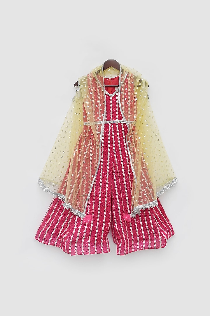 Pink Silk & Net Bandhej Printed Jumpsuit With Cape For Girls by Fayon Kids at Pernia's Pop Up Shop