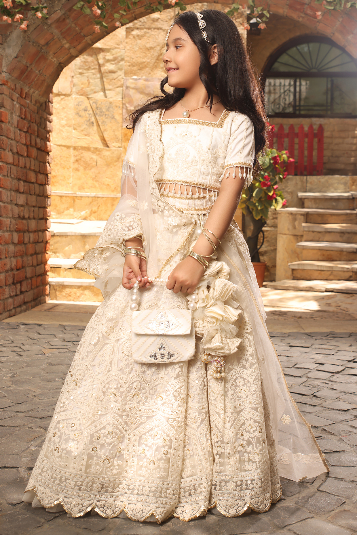 Off-White Lucknowi Embroidered Lehenga Set For Girls by Fayon Kids