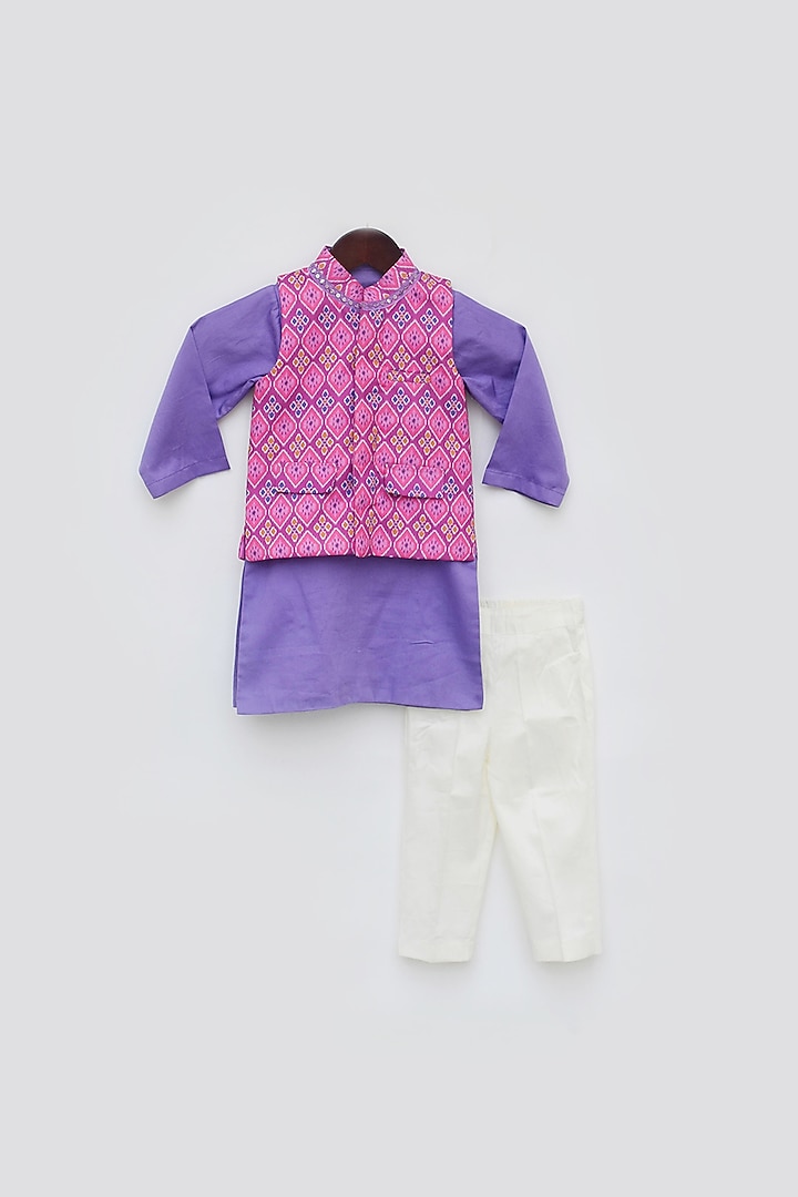 Pink Cotton & Glace Cotton Printed Nehru Jacket With Kurta Set For Boys by Fayon Kids at Pernia's Pop Up Shop