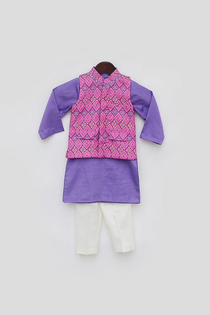Pink Cotton & Glace Cotton Printed Nehru Jacket With Kurta Set For Boys by Fayon Kids at Pernia's Pop Up Shop