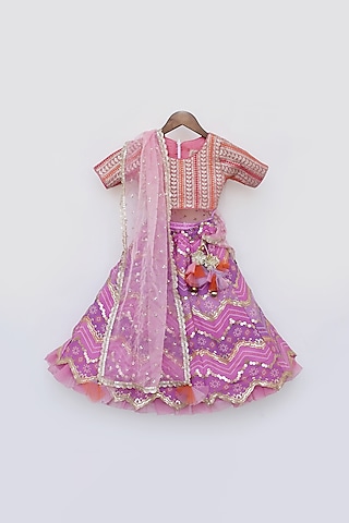 Purple Georgette Embroidered Lehenga Set For Girls by Fayon Kids